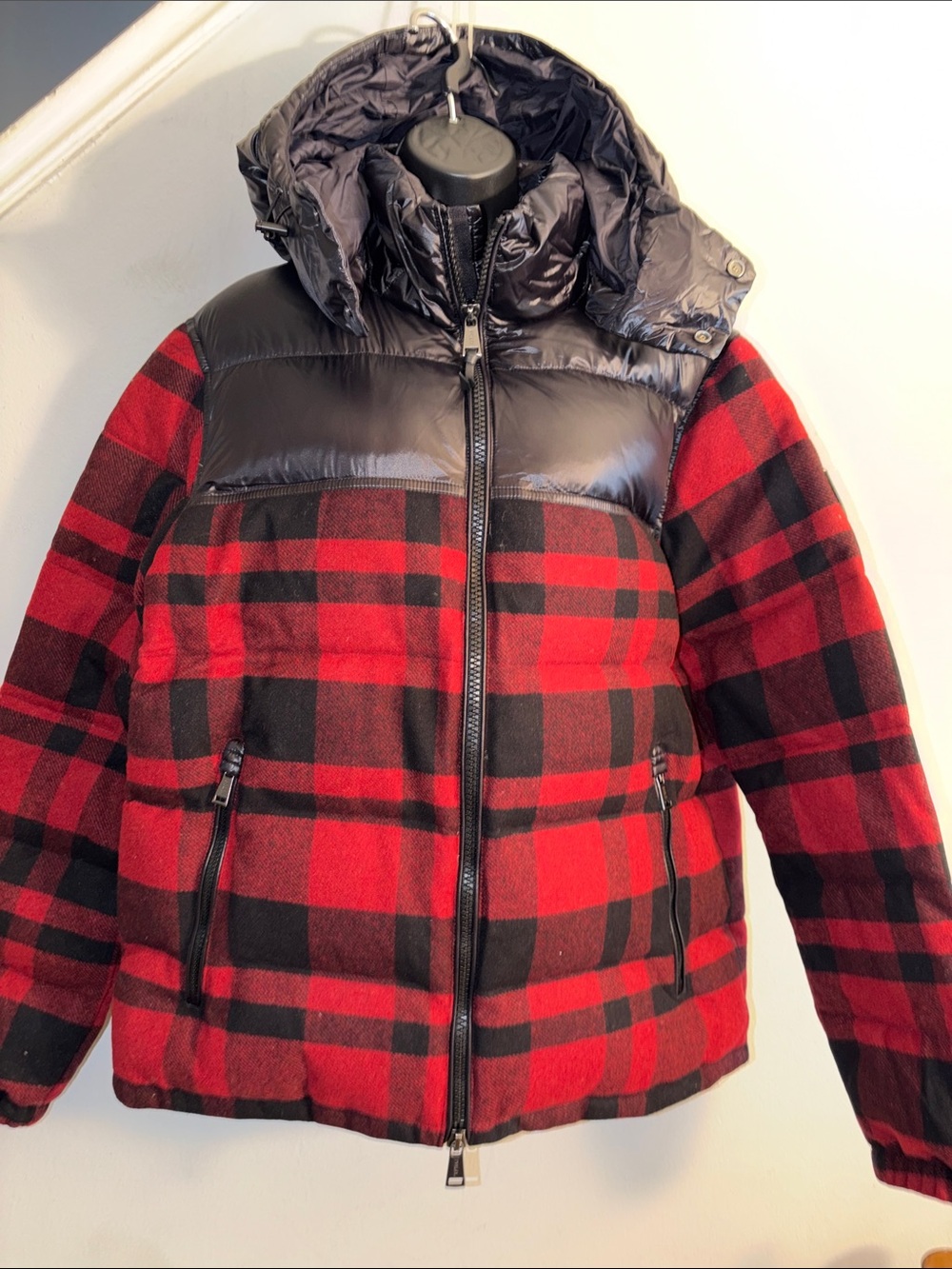 Ralph Lauren Red & Black Plaid Puffer Jacket with Glossy Black Yoke